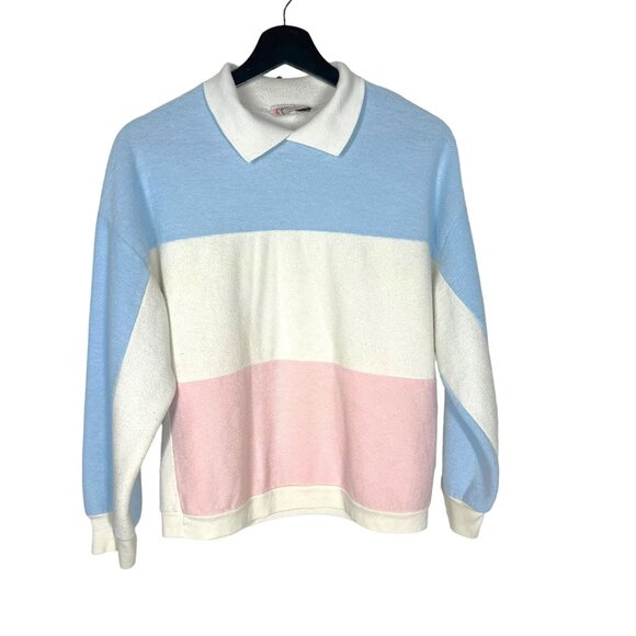 Vintage Sweaters - Vintage 80s Blue Pink Collared Pull Over Color Block Sweater Medium